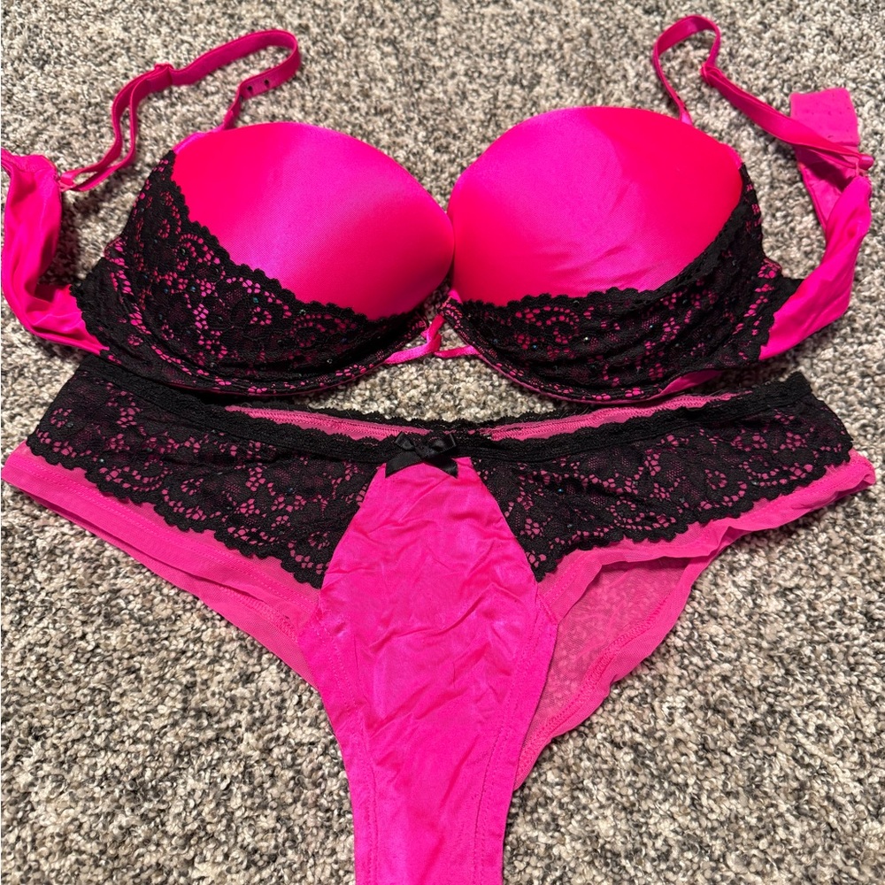 Victoria's Secret Hot Pink & Black Lace Push-Up Bra with Matching Bikini
